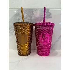 Starbuck's Sangria Bling Pink & Gold Copper Studded Tumblers Straws Holiday